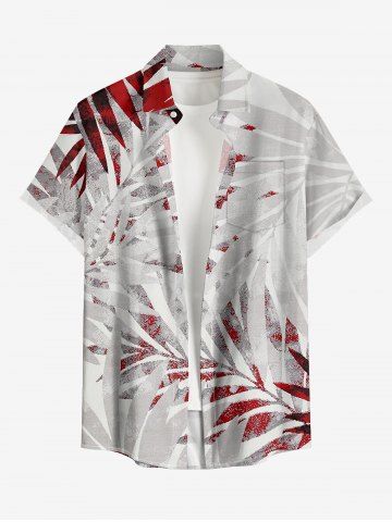 Plus Size Tropical Leaf Print Hawaii Button Pocket Shirt For Men - RED - 2XL