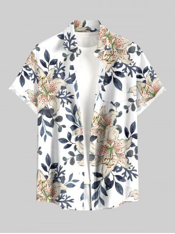 Plus Size Flower Leaf Branch Print Hawaii Button Pocket Shirt For Men - WHITE - 3XL