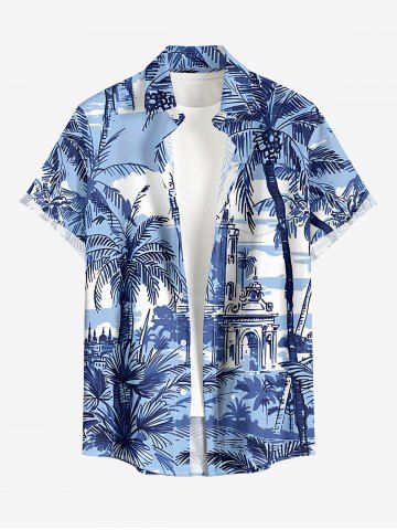 Plus Size Coconut Tree Seascape Building Print Hawaii Button Pocket Shirt For Men - SKY BLUE - 5XL