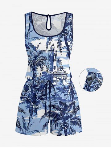Plus Size Coconut Tree Seascape Building Print Hawaii Drawstring Pocket Romper