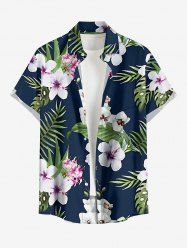 Plus Size Tropical Leaf Hibiscus Flower Print Hawaii Button Pocket Shirt For Men -  