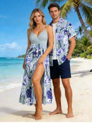 Ensemble de plage hawaïen assorti grande taille à imprimé floral pour couples - Bleu Marine 