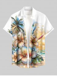 Coconut Tree Glitter Tropical Leaf Hibiscus Flower Sea Print Hawaii Button Pocket Shirt For Men -  