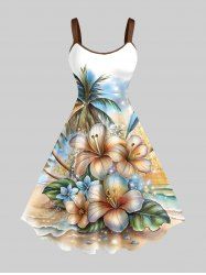 Coconut Tree Glitter Tropical Leaf Hibiscus Flower Sea Print Hawaii A Line Dress -  
