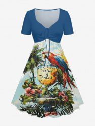 Coconut Tree Flower Parrot Sun Clock Print Cinched Hawaii Dress -  