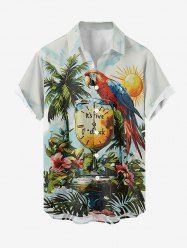 Coconut Tree Flower Parrot Sun Clock Print Buttons Pocket Hawaii Shirt For Men -  