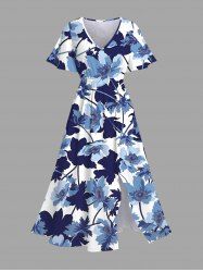 Flowers Leaf Watercolor Print Split Hawaii Midi Dress -  