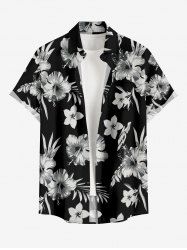 Chemise hawaïenne grande taille pour homme, à imprimé floral tropical et feuilles d'hibiscus, boutons et poche. - Noir 4XL