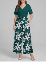 Combinaison hawaïenne à imprimé fleurs et feuilles, col en V et jambes larges - Turquoise Foncée M
