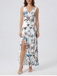 Flowers Tropical Leaf Print Hawaii Ruffles Split Surplice Dress -  