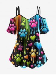 Plus Size Cold Shoulder Cat Paw Heart Paint Drop Print Cami T-shirt -  