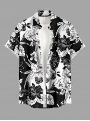 Plus Size Hibiscus Flower Tropical Leaf Colorblock Print Buttons Pocket Hawaii Shirt For Men -  