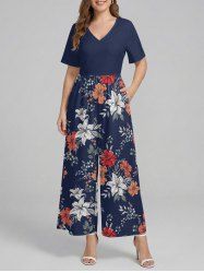 Flower Leaf Branch Print Hawaii Wide Leg Jumpsuit -  