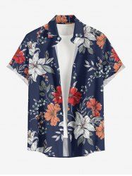 Plus Size Flower Leaf Branch Print Hawaii Button Pocket Shirt For Men -  