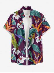 Plus Size Flower Tropical Leaf Bird Print Hawaii Button Pocket Shirt For Men -  