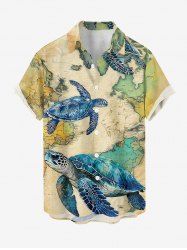 Turtle Map Print Hawaii Sea Creatures Button Pocket Shirt For Men - café lumière 6XL