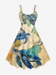 Turtle Map Print Hawaii Sea Creatures A Line Dress - café lumière 3X