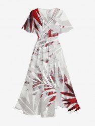 Plus Size Tropical Leaf Print Hawaii Split Pocket A Line Midi Dress -  