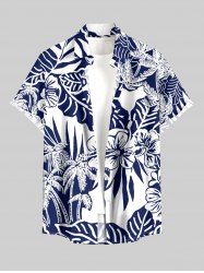 Coconut Tree Tropical Leaf Hibiscus Flower Print Hawaii Button Pocket Shirt For Men - Bleu Marine XL