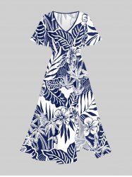 Coconut Tree Tropical Leaf Hibiscus Flower Print Hawaii Split Pocket A Line Midi Dress -  