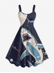 Plus Size Shark Planet Plane Galaxy Print Hawaii A Line Dress - Bleu de Minuit L