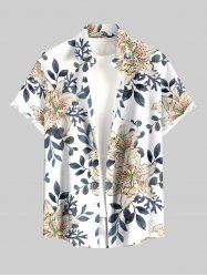 Plus Size Flower Leaf Branch Print Hawaii Button Pocket Shirt For Men - Blanc M