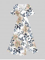 Robe midi trapèze grande taille à imprimé fleurs et feuilles hawaïennes avec poches fendues - Blanc XS