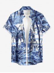 Chemise à poches boutonnées grande taille pour homme, imprimée de paysages marins et de cocotiers, style hawaïen. - Bleu Ciel S