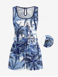 Plus Size Coconut Tree Seascape Building Print Hawaii Drawstring Pocket Romper - Bleu Ciel 2X