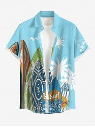 Chemise à boutons pour homme, grande taille, imprimé cocotier, soleil, planche de surf et vagues, style hawaïen. - Bleu clair 2XL