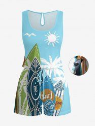 Combinaison hawaïenne grande taille à imprimé cocotier, soleil, planche de surf et vagues, avec cordon de serrage et poches. - Bleu clair XS