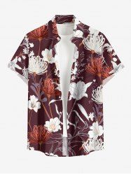 Flower Plant Print Hawaii Button Pocket Shirt For Men -  
