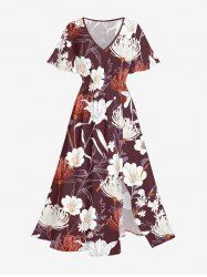 Robe midi trapèze à imprimé floral hawaïen grande taille avec poches fendues - Rouge foncé XXS