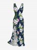 Tenue de plage assortie pour couples, imprimée de feuilles tropicales et de fleurs d'hibiscus, style hawaïen - Bleu profond 