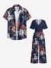 Plus Size Flower Leaf Branch Print Hawaii Button Pocket Shirt For Men -  