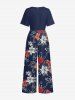 Flower Leaf Branch Print Hawaii Wide Leg Jumpsuit -  