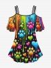 Plus Size Cold Shoulder Cat Paw Heart Paint Drop Print Cami T-shirt -  