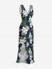 Robe hawaïenne à imprimé floral d'hibiscus et feuilles tropicales, fendue et à volants, style hawaïen - Bleu profond XS