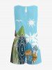 Combinaison hawaïenne grande taille à imprimé cocotier, soleil, planche de surf et vagues, avec cordon de serrage et poches. - Bleu clair XS