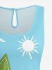 Combinaison hawaïenne grande taille à imprimé cocotier, soleil, planche de surf et vagues, avec cordon de serrage et poches. - Bleu clair XS