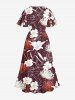 Robe midi trapèze à imprimé floral hawaïen grande taille avec poches fendues - Rouge foncé XXS