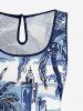 Plus Size Coconut Tree Seascape Building Print Hawaii Drawstring Pocket Romper - Bleu Ciel L