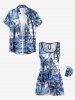 Plus Size Coconut Tree Seascape Building Print Hawaii Drawstring Pocket Romper - Bleu Ciel M