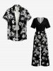 Combinaison hawaïenne à jambes larges et col en V, imprimée de feuilles tropicales et de fleurs d'hibiscus - Noir L