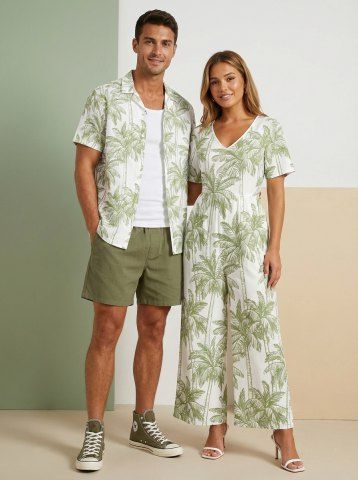 Coconut Tree Print Plus Size Matching Hawaii Beach Outfit For Couples - LIGHT GREEN