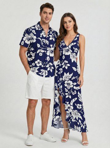 Hibiscus Flowers Leaf Print Matching Hawaii Beach Outfit For Couples