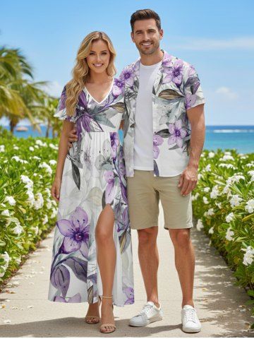Flower Leaf Ombre Print Plus Size Matching Hawaii Beach Outfit For Couples - PURPLE