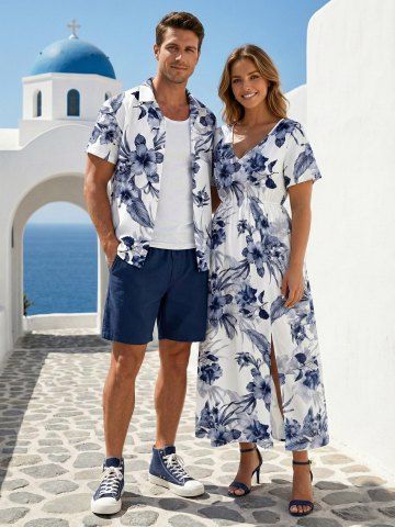 Ensemble de plage hawaïen assorti grande taille à imprimé fleurs d'hibiscus pour couples