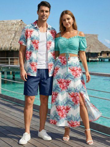 Hibiscus Flower Tropical Leaf Print Matching Hawaii Beach Outfit For Couples