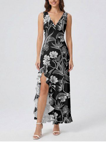 Flower Tropical Leaf Print Hawaii Ruffles Split Dress - BLACK - XS